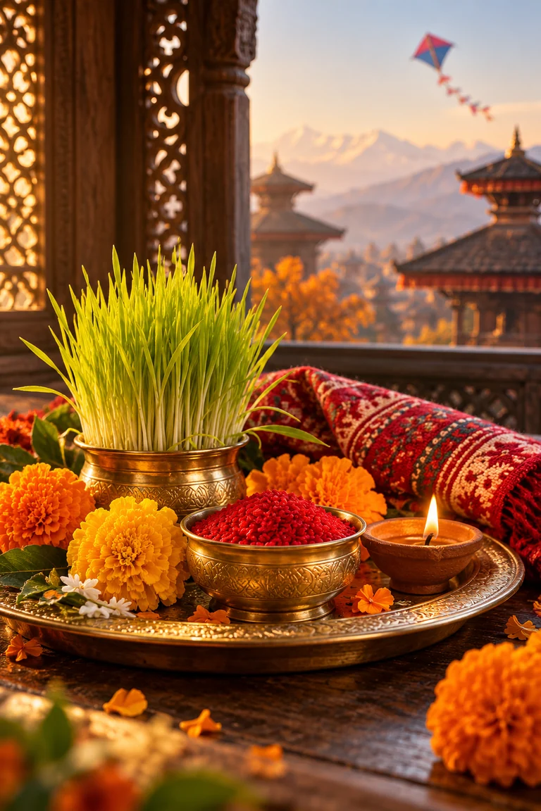Dashain-inspired artwork of red tika, fresh jamara, and marigolds beside a carved Nepali window