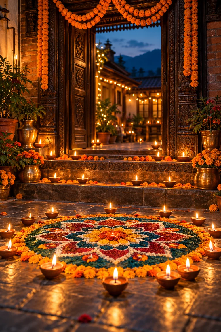 Tihar-inspired artwork of a Nepali doorway decorated with marigolds, glowing diyas, and colourful rangoli