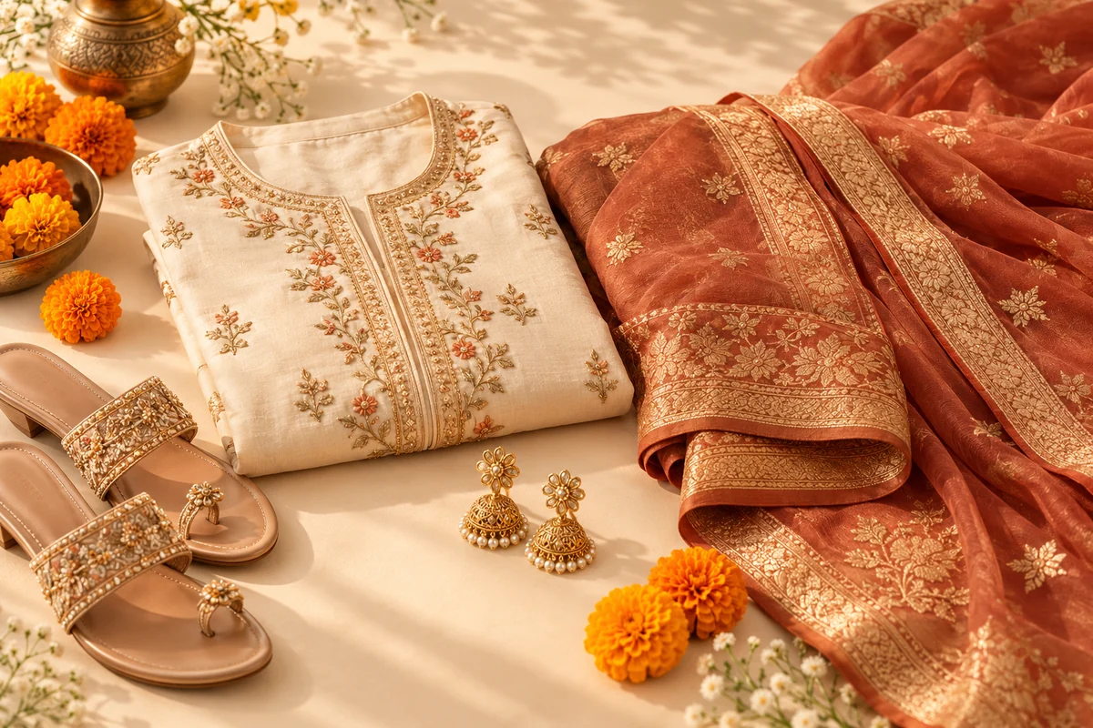 Festive fashion illustration featuring an embroidered kurta, terracotta saree, and gold-toned accessories