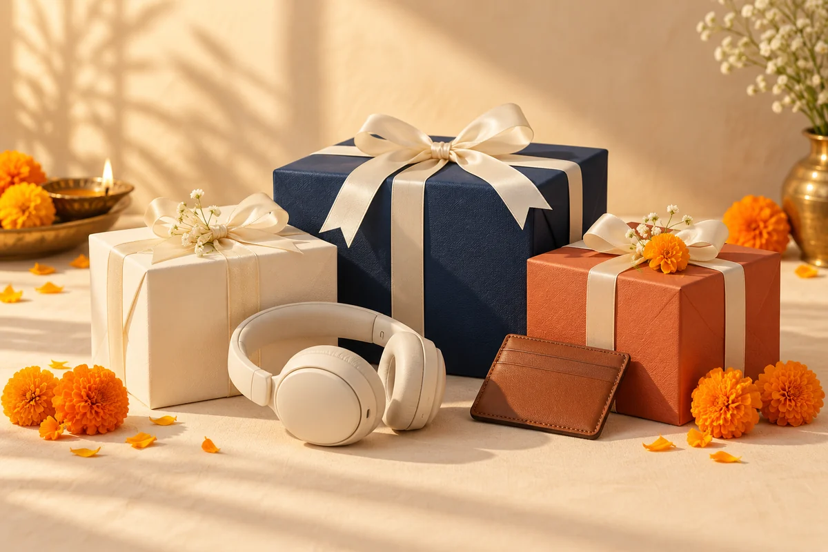 Festive gifting illustration with ribbon-wrapped gift boxes, headphones, and a leather card holder