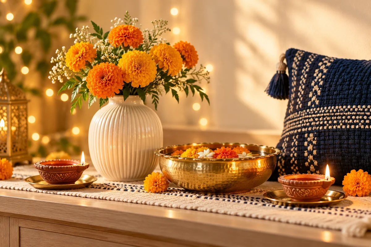 Festive home décor illustration with glowing clay lamps, marigolds, and a navy woven cushion